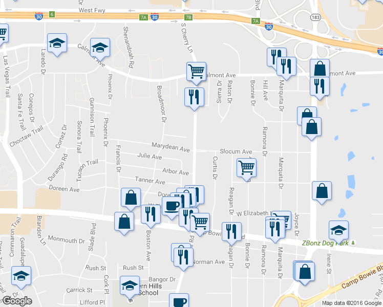 map of restaurants, bars, coffee shops, grocery stores, and more near 3063 South Cherry Lane in Fort Worth