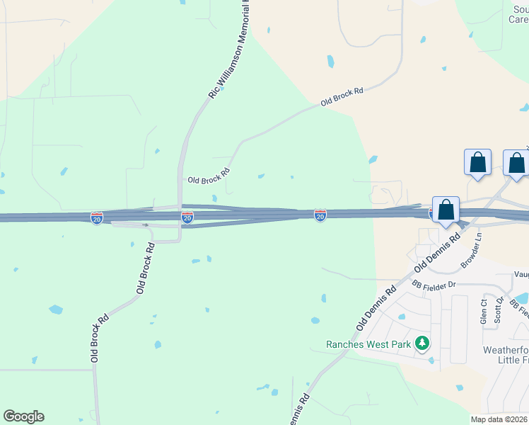 map of restaurants, bars, coffee shops, grocery stores, and more near Interstate 20 in Weatherford