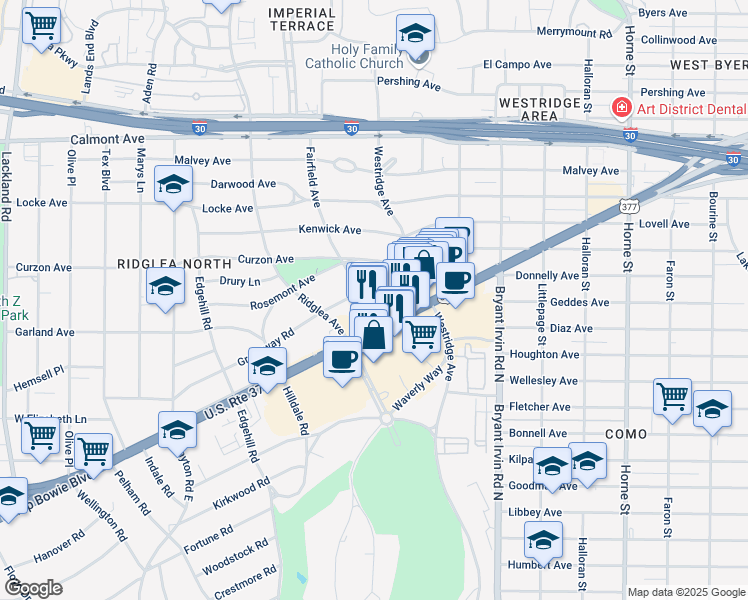 map of restaurants, bars, coffee shops, grocery stores, and more near 6303 Greenway Rd in Fort Worth