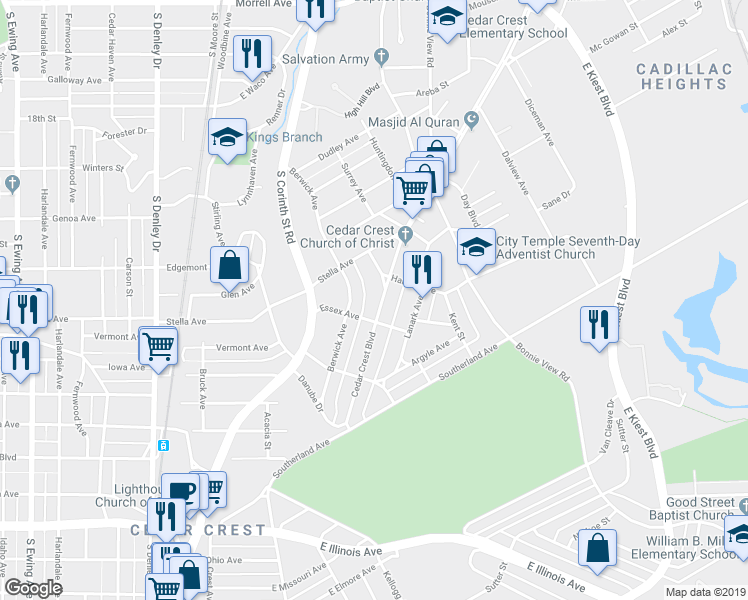 map of restaurants, bars, coffee shops, grocery stores, and more near 2023 Cedar Crest Boulevard in Dallas