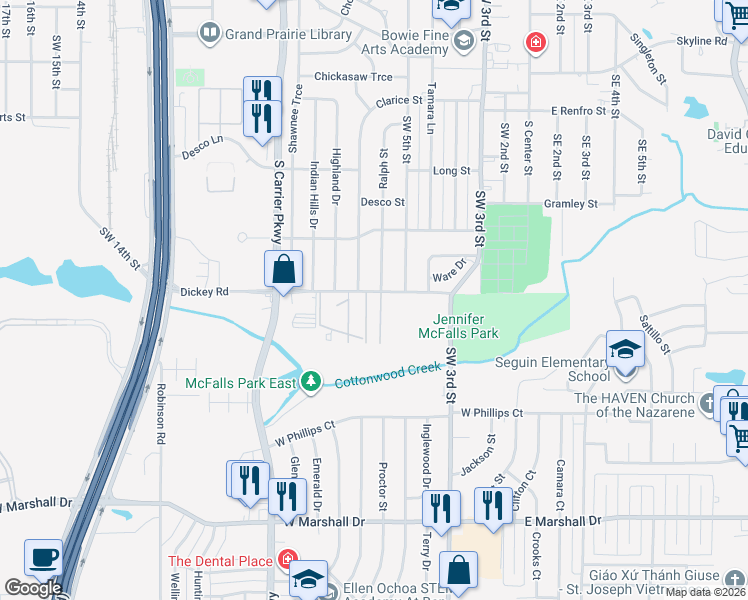 map of restaurants, bars, coffee shops, grocery stores, and more near 513 Dickey Road in Grand Prairie