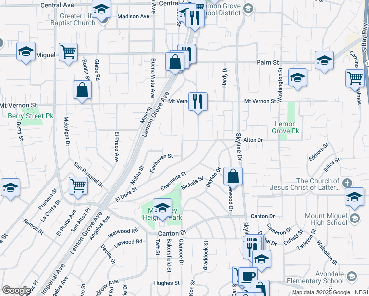map of restaurants, bars, coffee shops, grocery stores, and more near 2139 Glencoe Drive in Lemon Grove