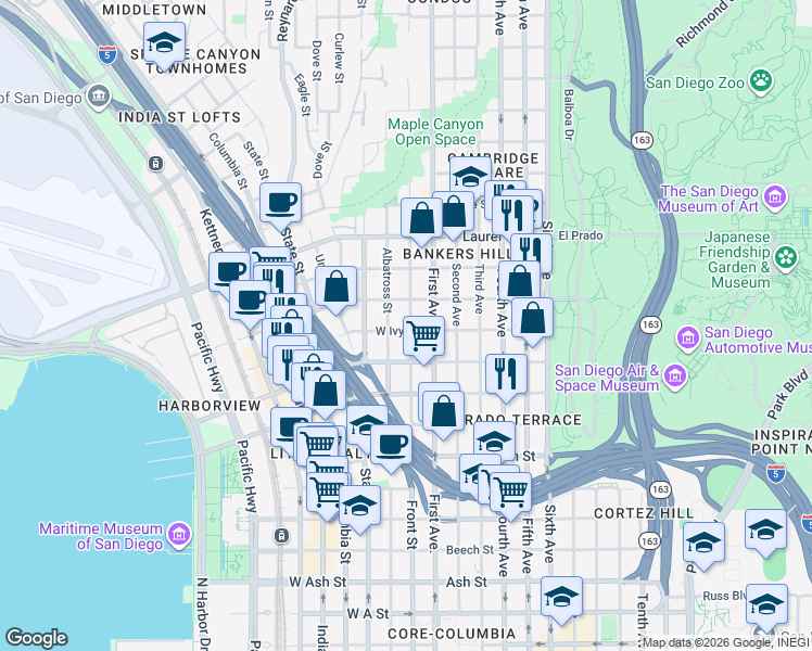 map of restaurants, bars, coffee shops, grocery stores, and more near 202 West Ivy Street in San Diego