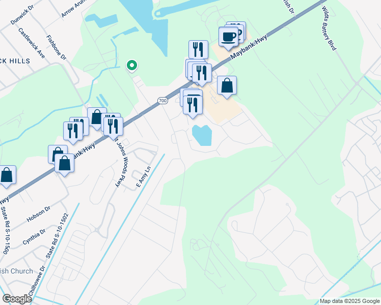 map of restaurants, bars, coffee shops, grocery stores, and more near 3241 Hartwell Street in Johns Island