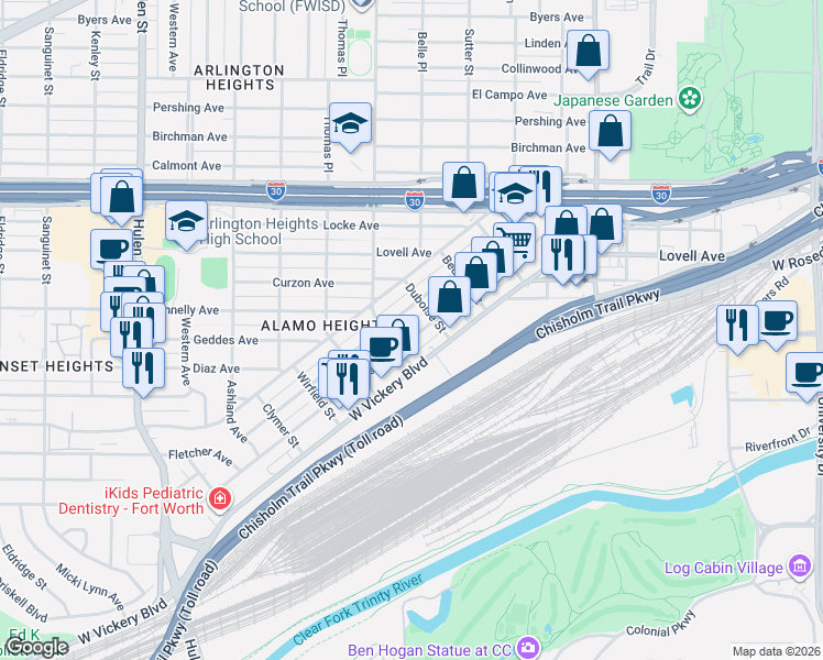 map of restaurants, bars, coffee shops, grocery stores, and more near 4012 Lisbon Street in Fort Worth