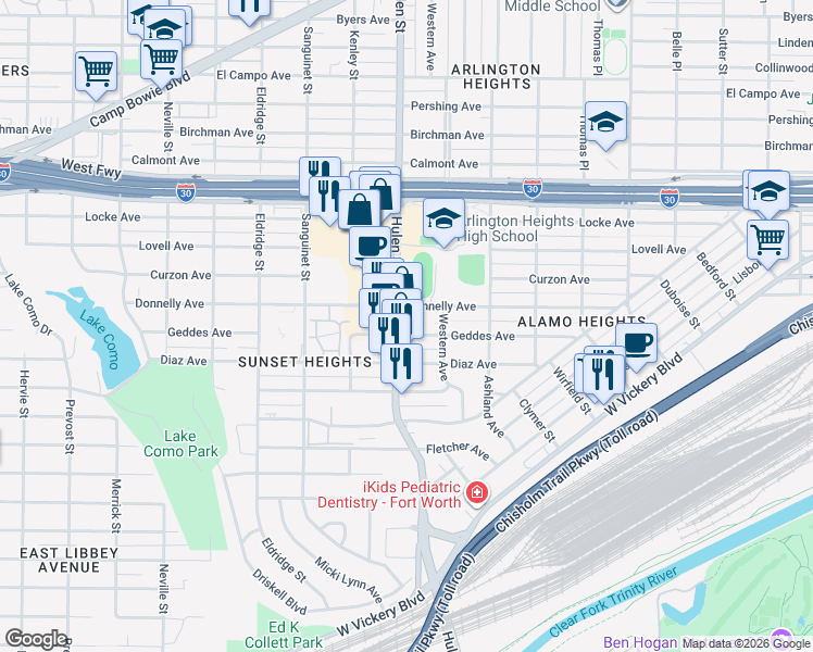 map of restaurants, bars, coffee shops, grocery stores, and more near 3221 Hulen Street in Fort Worth
