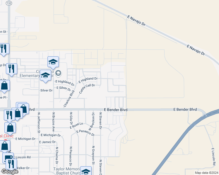 map of restaurants, bars, coffee shops, grocery stores, and more near 2518 North Green Valley Trail in Hobbs