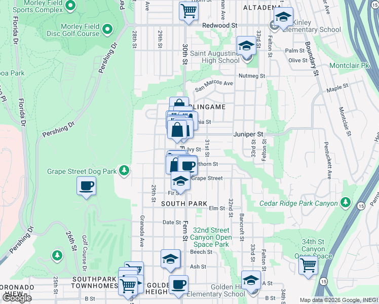 map of restaurants, bars, coffee shops, grocery stores, and more near 3031 Ivy Street in San Diego
