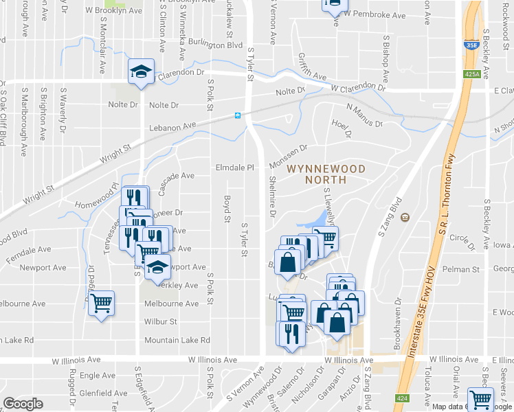 map of restaurants, bars, coffee shops, grocery stores, and more near 1717 South Vernon Avenue in Dallas