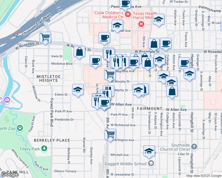 map of restaurants, bars, coffee shops, grocery stores, and more near 1425 8th Avenue in Fort Worth