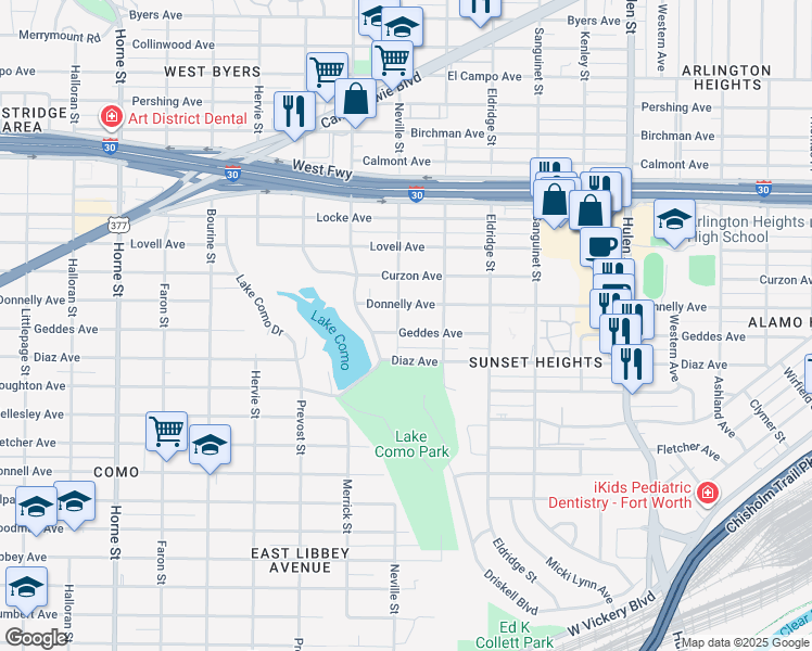 map of restaurants, bars, coffee shops, grocery stores, and more near 5032 Geddes Avenue in Fort Worth