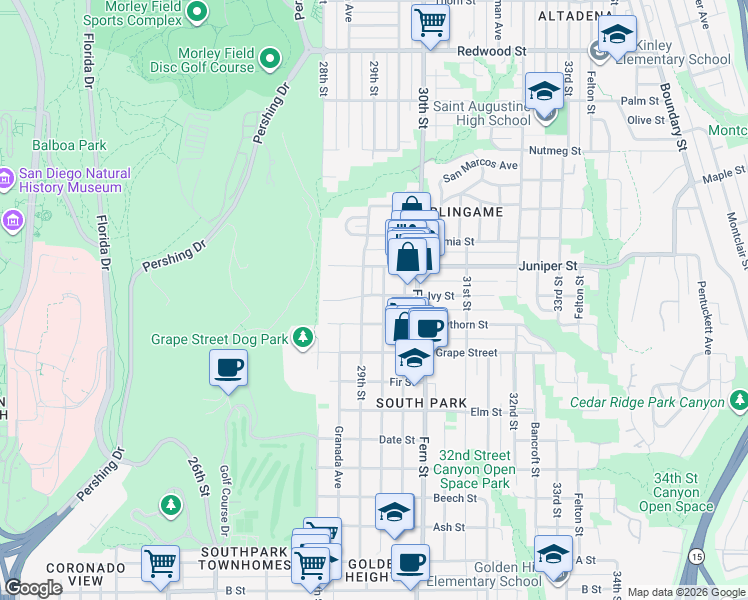 map of restaurants, bars, coffee shops, grocery stores, and more near 2919 Ivy Street in San Diego
