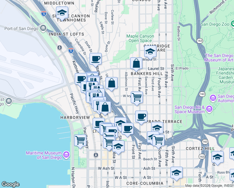 map of restaurants, bars, coffee shops, grocery stores, and more near 6 Brant Street in San Diego