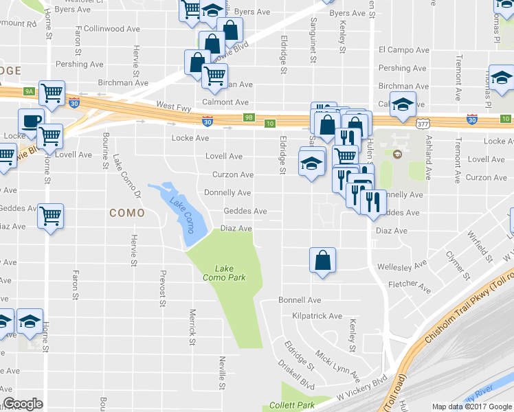 map of restaurants, bars, coffee shops, grocery stores, and more near 4936 Geddes Avenue in Fort Worth