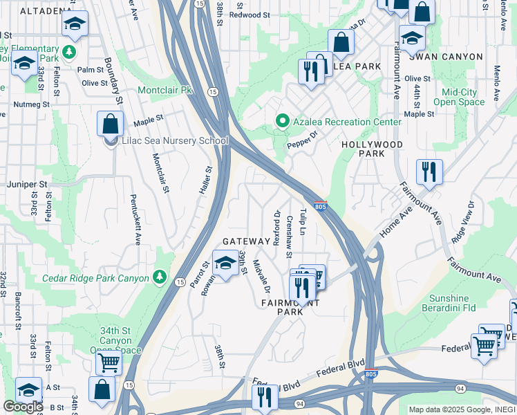 map of restaurants, bars, coffee shops, grocery stores, and more near 2204 Midvale Drive in San Diego