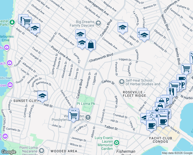 map of restaurants, bars, coffee shops, grocery stores, and more near 3931 Liggett Drive in San Diego