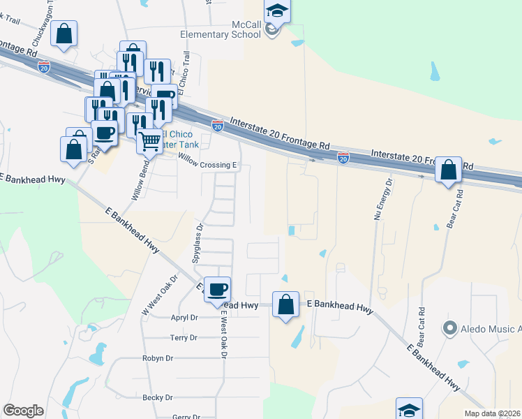 map of restaurants, bars, coffee shops, grocery stores, and more near 108 Morning Dew Drive in Willow Park