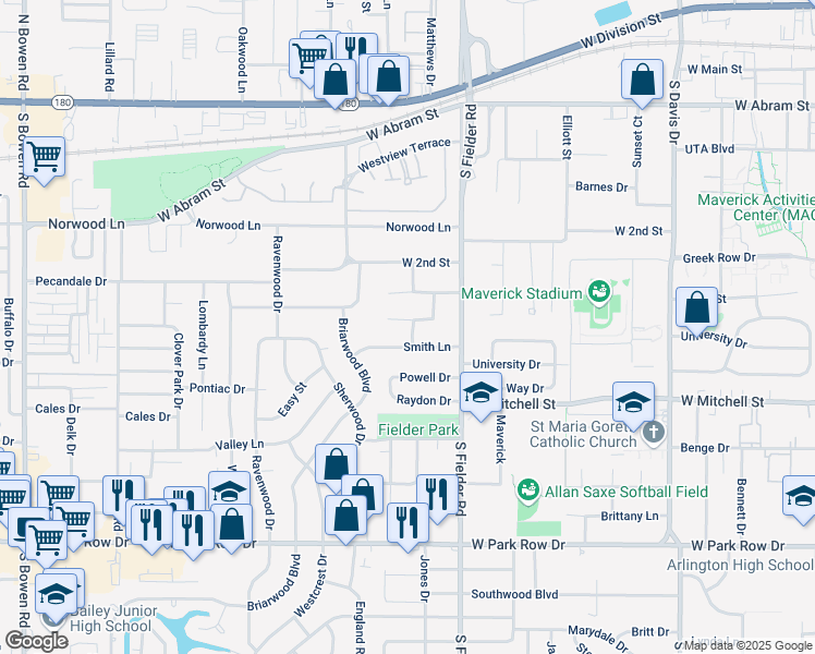 map of restaurants, bars, coffee shops, grocery stores, and more near 1800 Tennyson Drive in Arlington