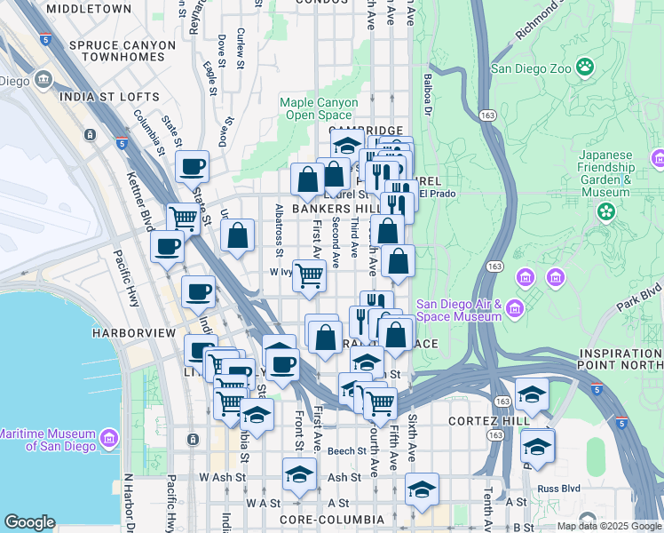 map of restaurants, bars, coffee shops, grocery stores, and more near 130 Ivy Street in San Diego