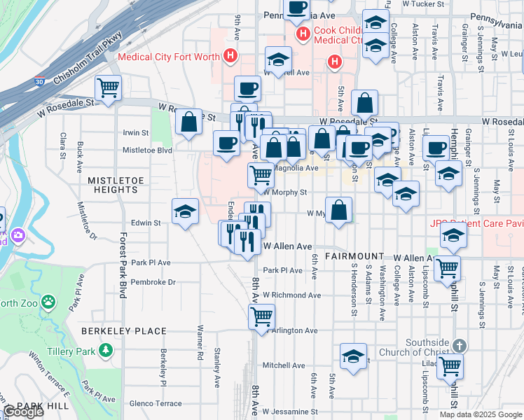 map of restaurants, bars, coffee shops, grocery stores, and more near 1425 8th Avenue in Fort Worth