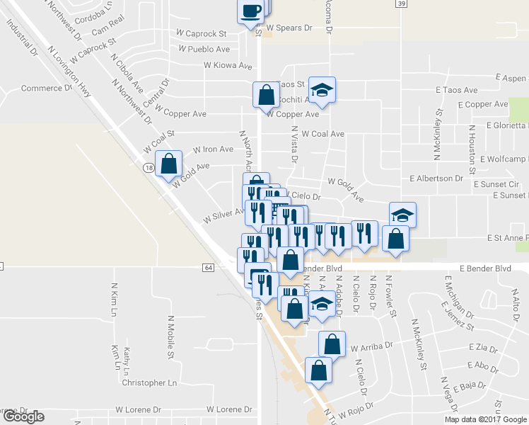 map of restaurants, bars, coffee shops, grocery stores, and more near 703 West Silver Avenue in Hobbs