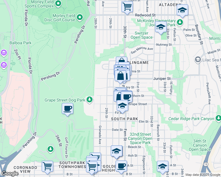 map of restaurants, bars, coffee shops, grocery stores, and more near 2878 Ivy Street in San Diego