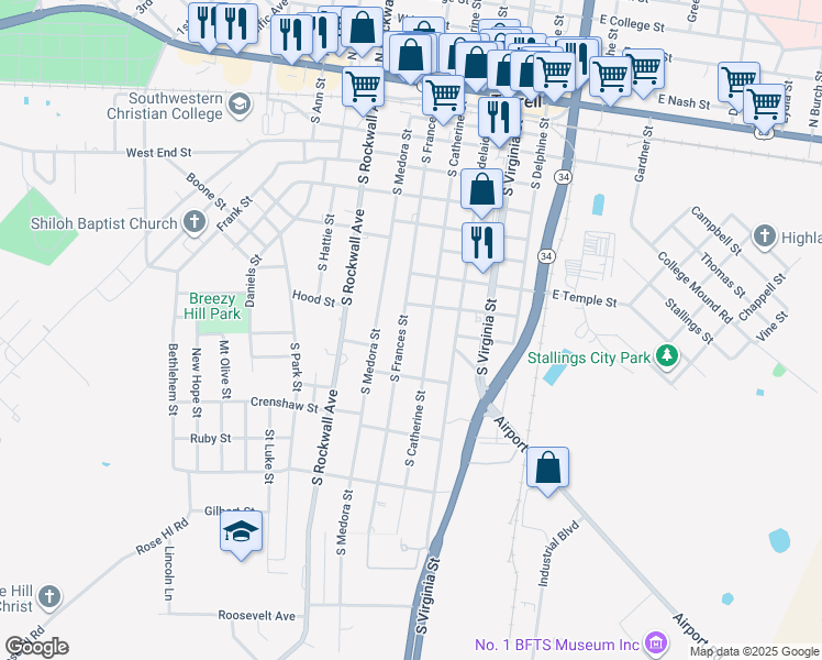 map of restaurants, bars, coffee shops, grocery stores, and more near 908 South Catherine Street in Terrell