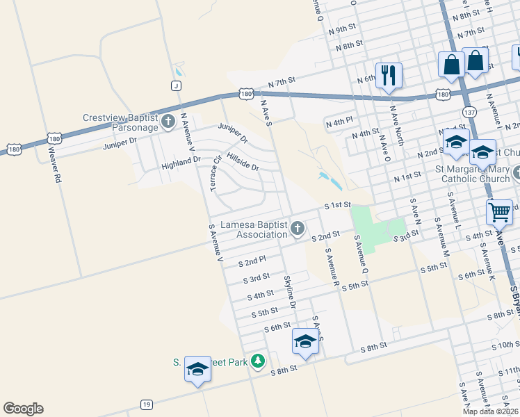 map of restaurants, bars, coffee shops, grocery stores, and more near 416 Terrace Circle in Lamesa