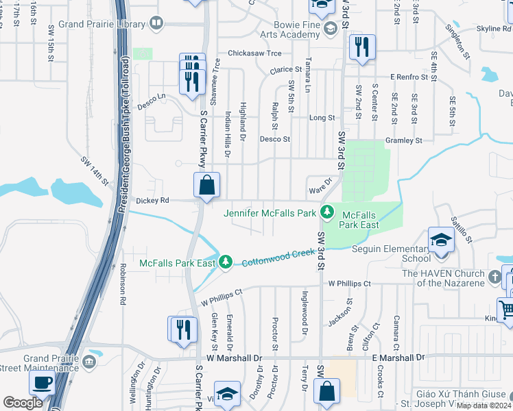 map of restaurants, bars, coffee shops, grocery stores, and more near 547 Dickey Road in Grand Prairie