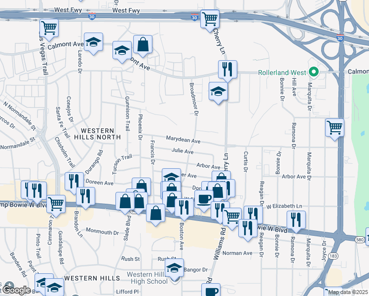map of restaurants, bars, coffee shops, grocery stores, and more near 8104 Julie Avenue in Fort Worth