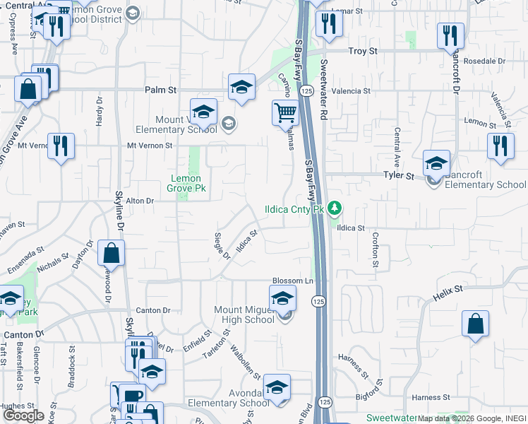 map of restaurants, bars, coffee shops, grocery stores, and more near 2126 Craig Court in Lemon Grove