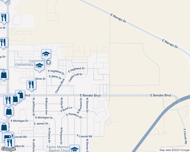 map of restaurants, bars, coffee shops, grocery stores, and more near 2518 North Green Valley Trail in Hobbs