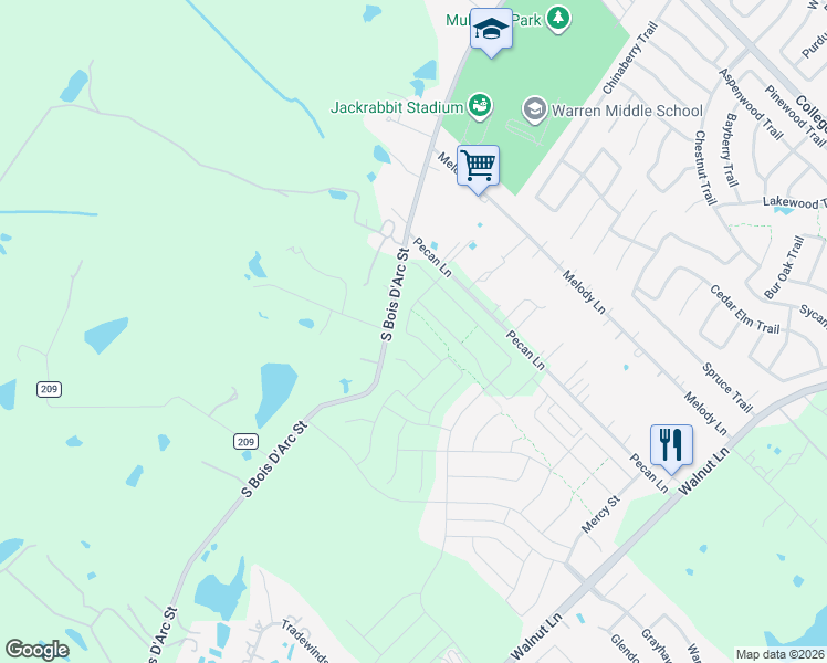 map of restaurants, bars, coffee shops, grocery stores, and more near 12899-12929 South Bois D Arc Street in Forney