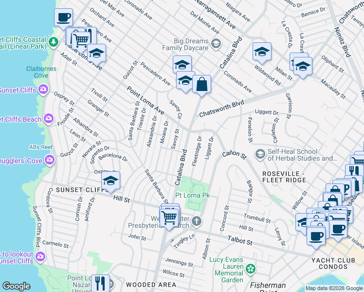 map of restaurants, bars, coffee shops, grocery stores, and more near 1224 Catalina Boulevard in San Diego