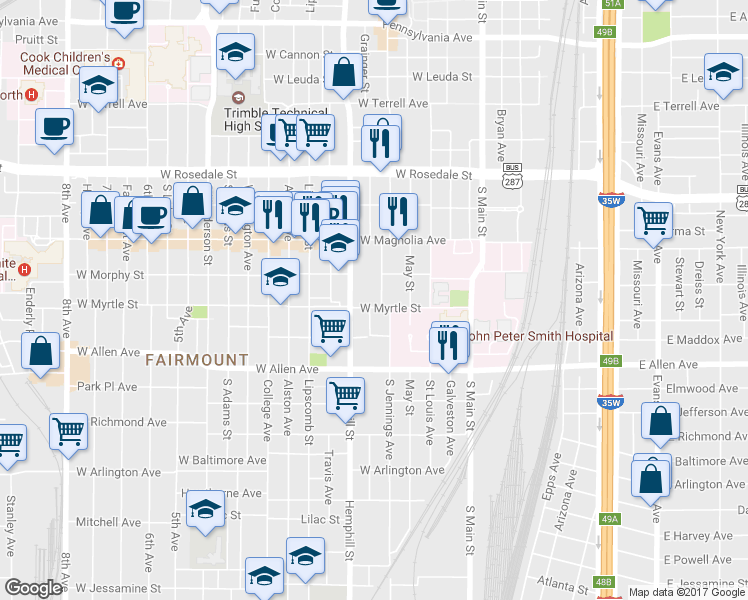 map of restaurants, bars, coffee shops, grocery stores, and more near 1424 South Jennings Avenue in Fort Worth