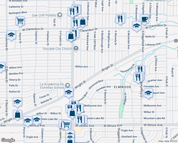 map of restaurants, bars, coffee shops, grocery stores, and more near 1519 South Oak Cliff Boulevard in Dallas