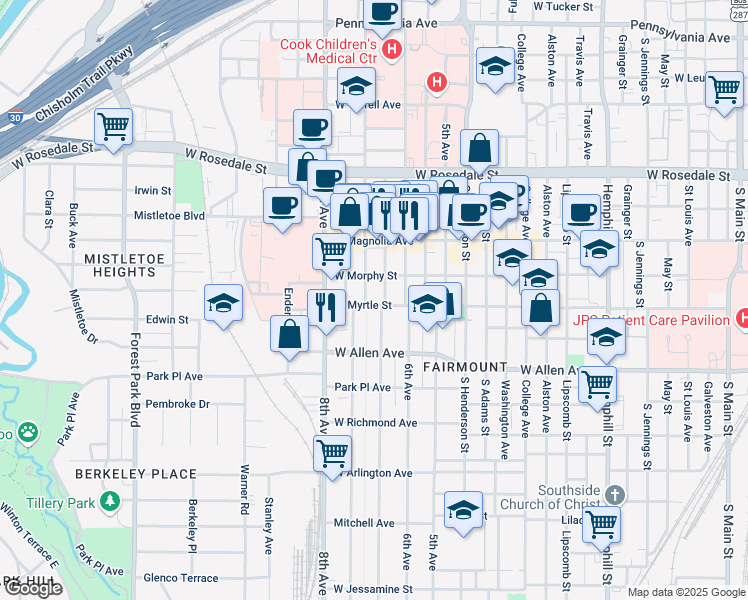 map of restaurants, bars, coffee shops, grocery stores, and more near 1423 Fairmount Avenue in Fort Worth