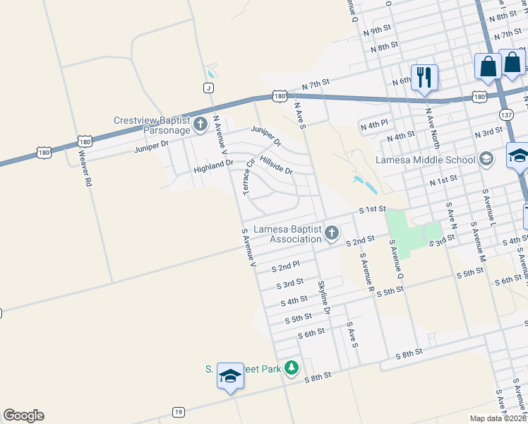 map of restaurants, bars, coffee shops, grocery stores, and more near 364 Terrace Circle in Lamesa