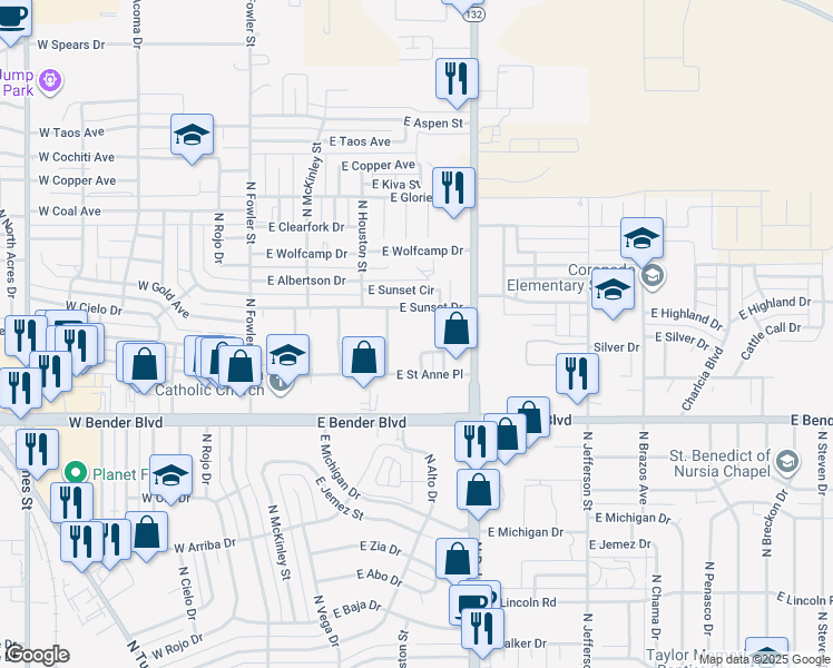 map of restaurants, bars, coffee shops, grocery stores, and more near 2506 North Bensing C79 Road in Hobbs
