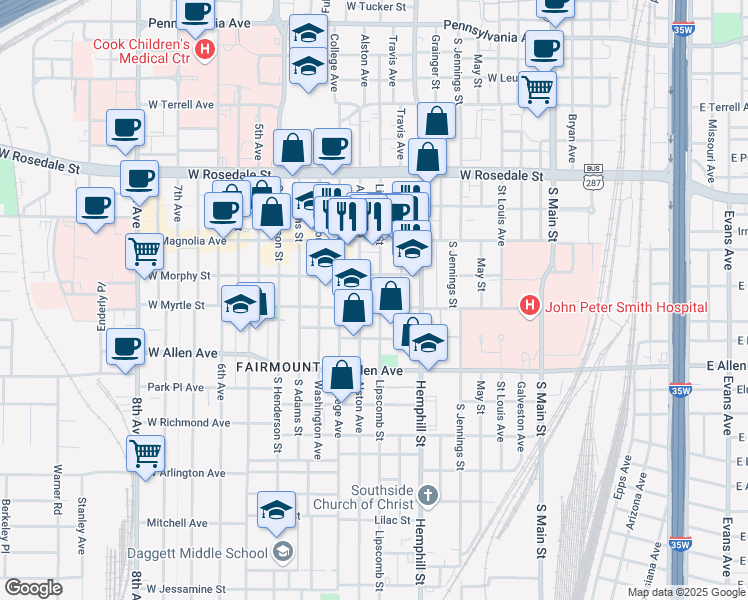 map of restaurants, bars, coffee shops, grocery stores, and more near 1424 Lipscomb Street in Fort Worth