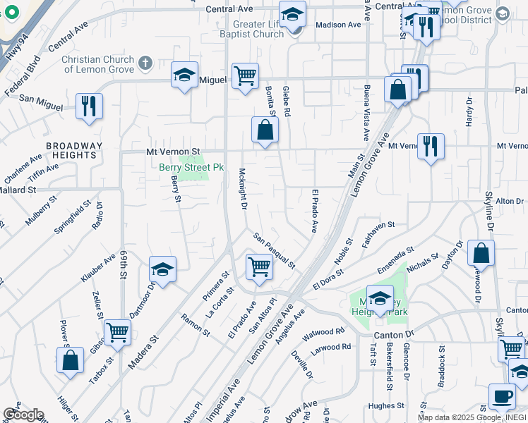 map of restaurants, bars, coffee shops, grocery stores, and more near 2135 Berryland Court in Lemon Grove