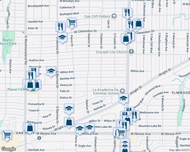 map of restaurants, bars, coffee shops, grocery stores, and more near 2623 Bentley Avenue in Dallas