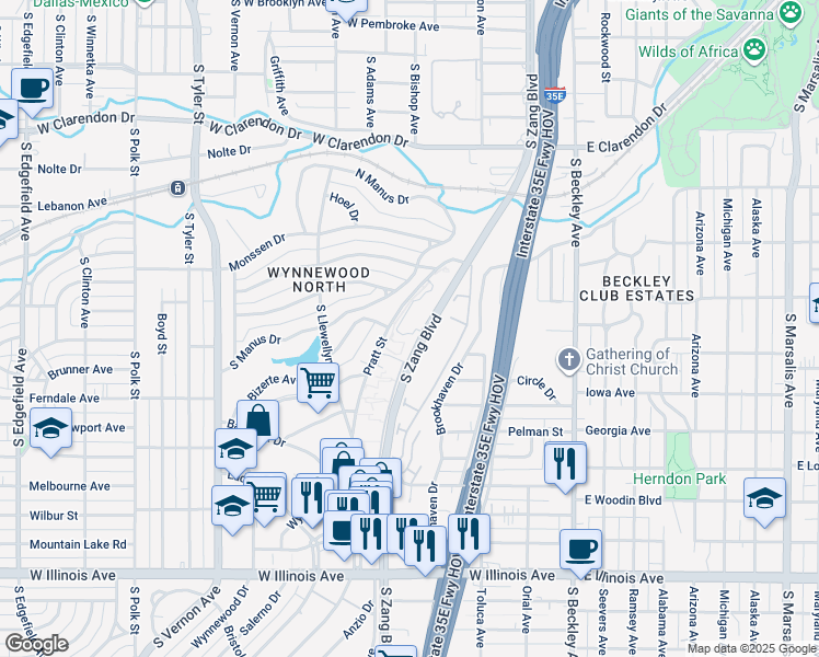 map of restaurants, bars, coffee shops, grocery stores, and more near 1404 Pratt Street in Dallas