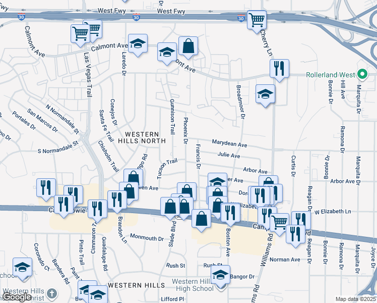 map of restaurants, bars, coffee shops, grocery stores, and more near 3109 Phoenix Drive in Fort Worth