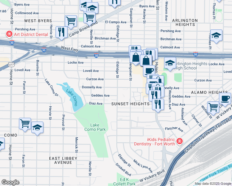 map of restaurants, bars, coffee shops, grocery stores, and more near 4900 Geddes Avenue in Fort Worth