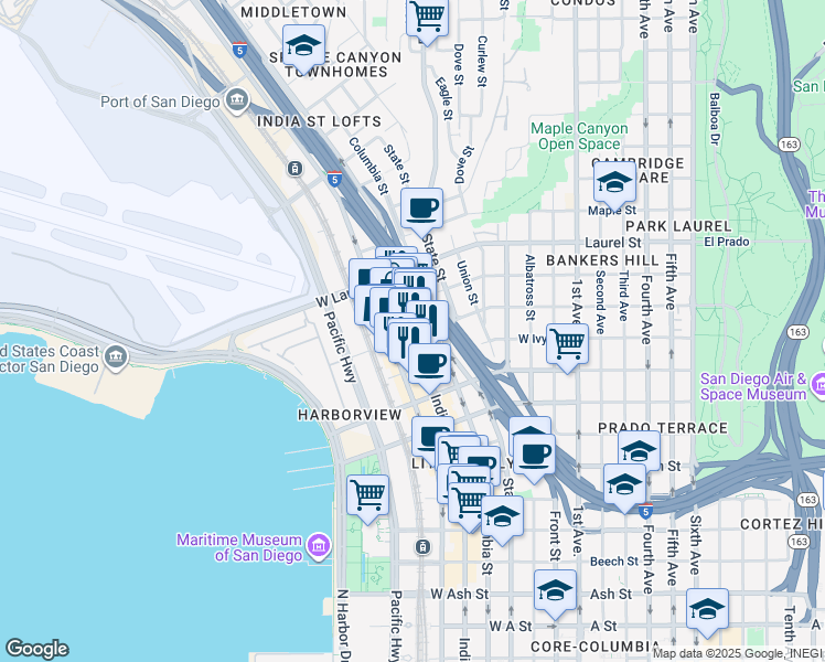 map of restaurants, bars, coffee shops, grocery stores, and more near India Street in San Diego