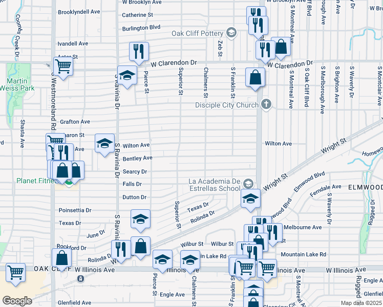 map of restaurants, bars, coffee shops, grocery stores, and more near 2627 Bentley Avenue in Dallas