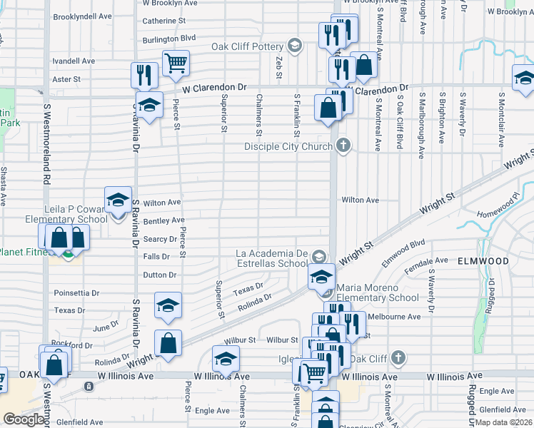 map of restaurants, bars, coffee shops, grocery stores, and more near 2543 Bentley Avenue in Dallas