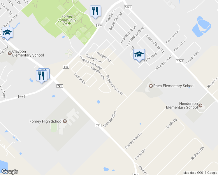 map of restaurants, bars, coffee shops, grocery stores, and more near 1117 Hondo Lane in Forney
