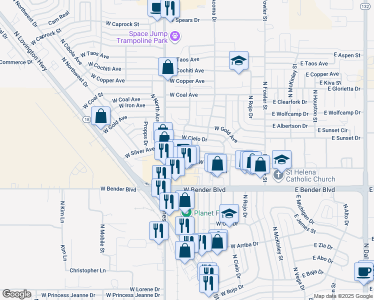 map of restaurants, bars, coffee shops, grocery stores, and more near 616 W Silver Dr in Hobbs
